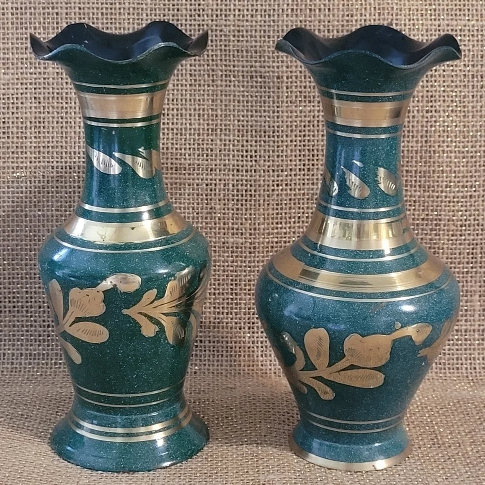 Green Enamel Brass Vase Set Of 2 Etched Floral Design Made In India